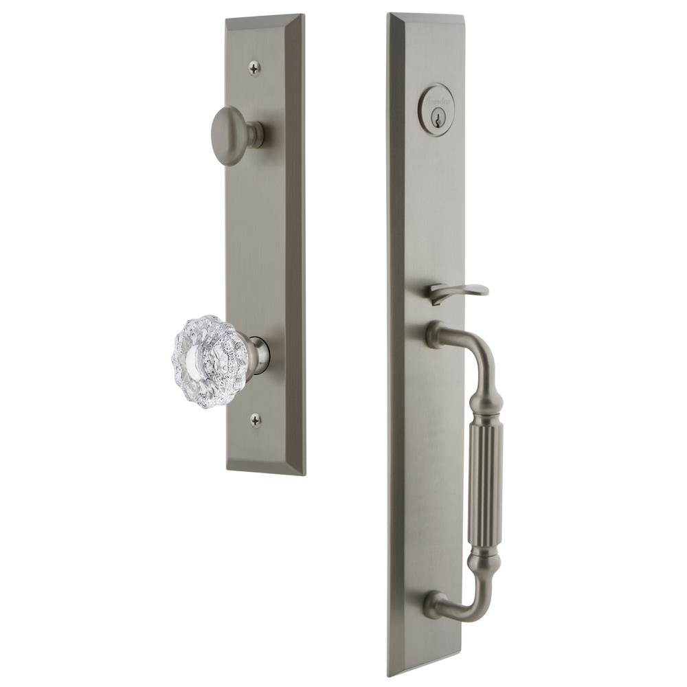 Grandeur by Nostalgic Warehouse FAVFGRVER Fifth Avenue One-Piece Handleset with F Grip and Versailles Knob in Satin Nickel